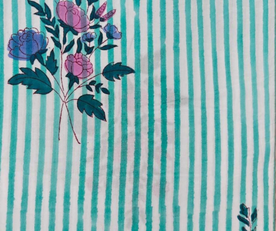 Turquoise Blue Cotton Fabric with Floral Stripe Print | Indian Cotton Fabric | Pink Blue Floral Textile | Sewing Quilting Craft Fabric