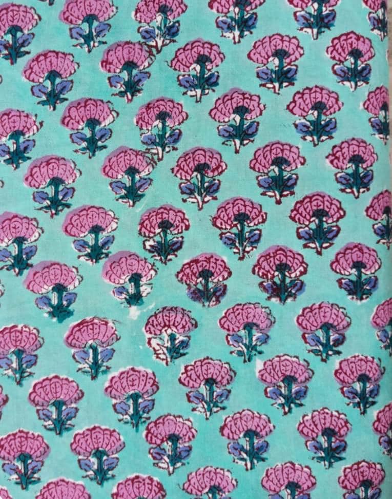 Aqua Blue Cotton Fabric with Pink Floral Block Print | Indian Cotton Fabric | Small Floral Print Fabric | Sewing Quilting Craft Fabric