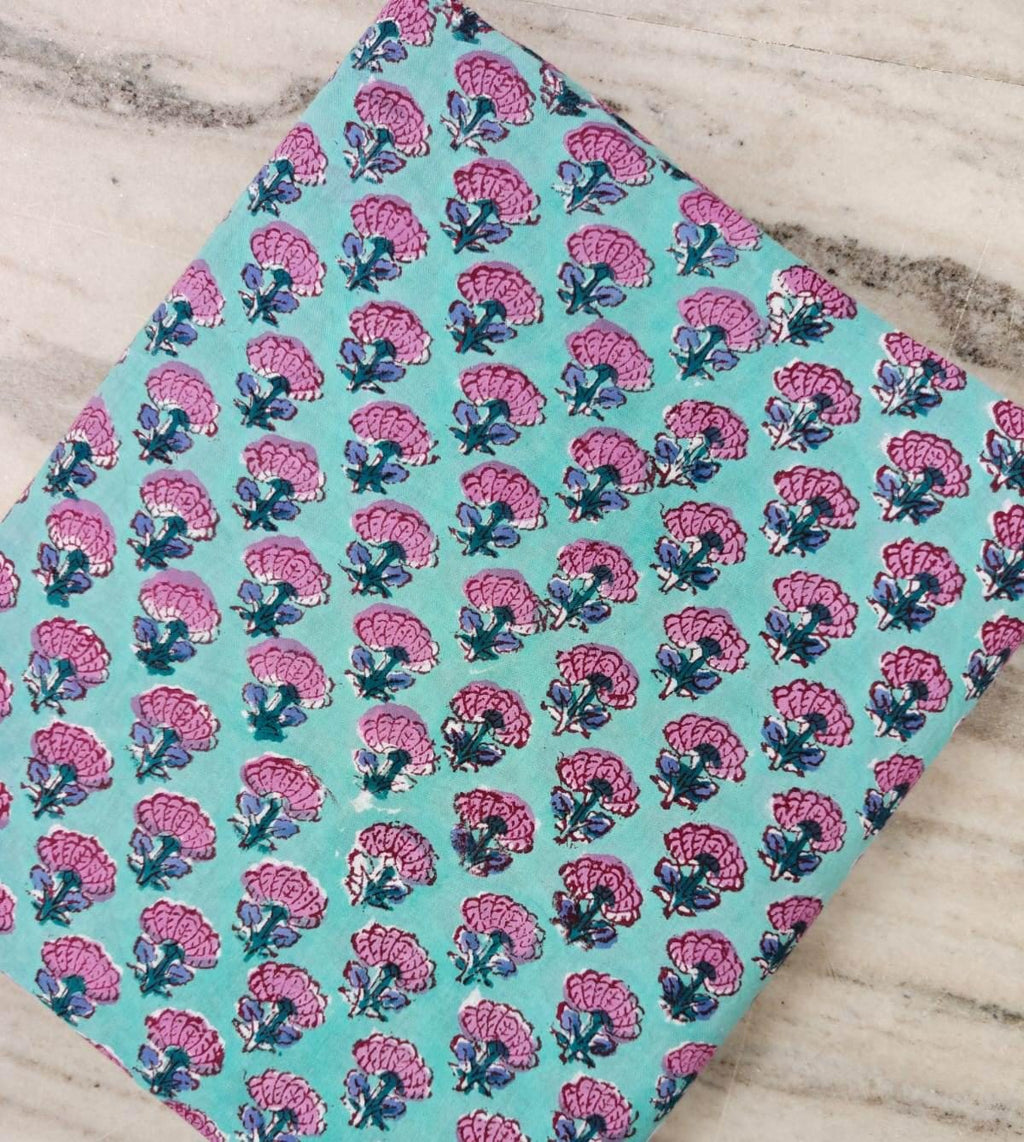 Aqua Blue Cotton Fabric with Pink Floral Block Print | Indian Cotton Fabric | Small Floral Print Fabric | Sewing Quilting Craft Fabric