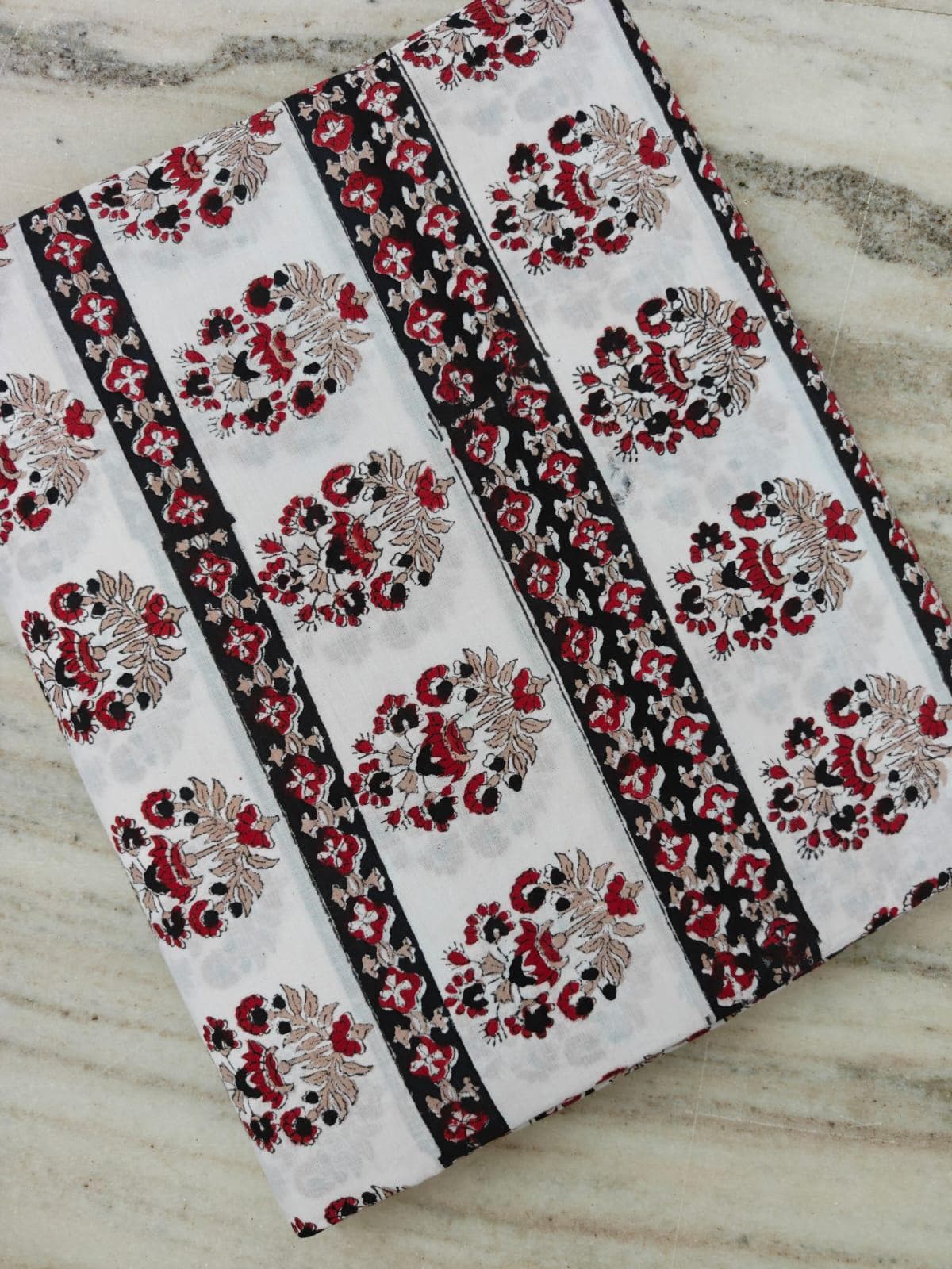100% Cotton Floral Fabric, Red Black Beige Print on Off White, Floral Indian Floral Stripe Fabric, Cotton Dressmaking Fabric, Running Napkin