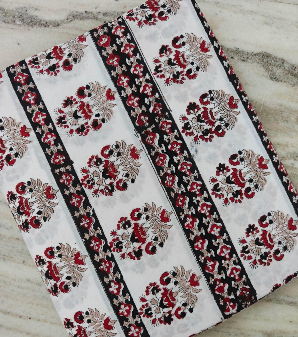 100% Cotton Floral Fabric, Red Black Beige Print on Off White, Floral Indian Floral Stripe Fabric, Cotton Dressmaking Fabric, Running Napkin