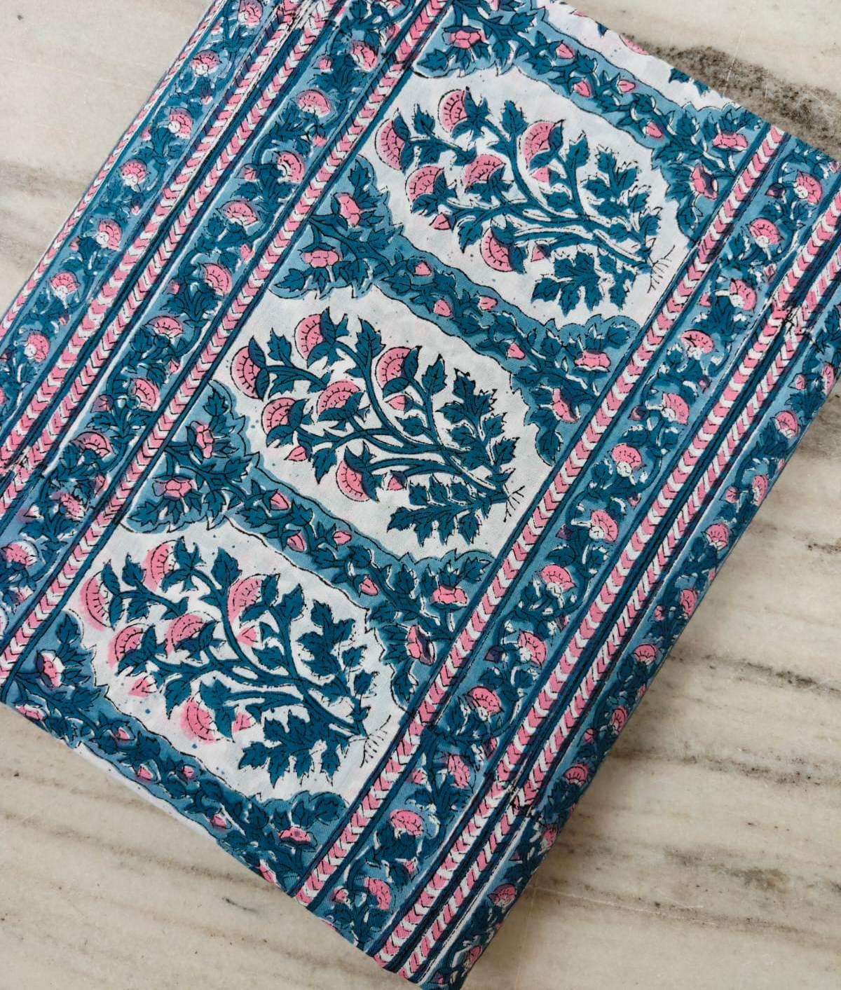 100% Cotton Floral Fabric, Blue Pink Block Print Fabric, Indian Cotton Textile, Floral Stripe Fabric, Dressmaking Sewing Fabric, Napkins
