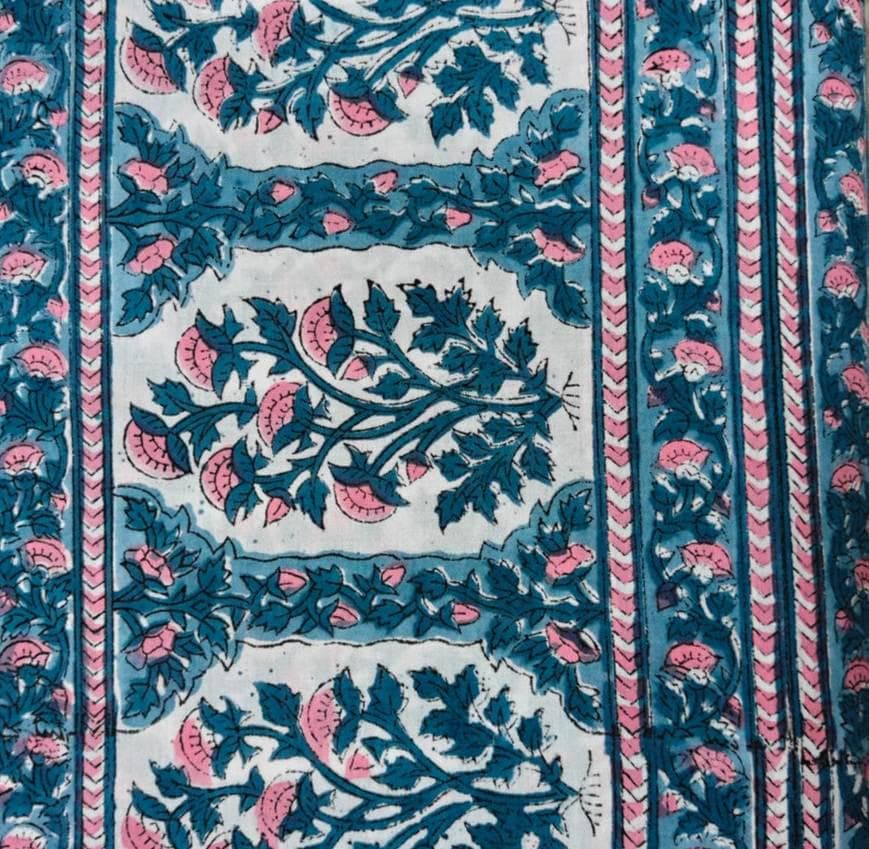 100% Cotton Floral Fabric, Blue Pink Block Print Fabric, Indian Cotton Textile, Floral Stripe Fabric, Dressmaking Sewing Fabric, Napkins