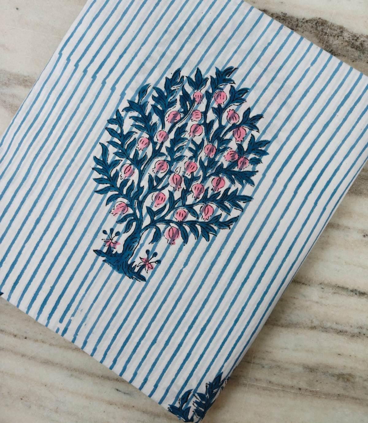 Cotton Floral Fabric, Blue Stripe Pink Flower Print, Indian Block Print Cotton, Botanical Fabric, Dressmaking Sewing Fabric, Napkins
