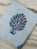Cotton Floral Fabric, Blue Stripe Pink Flower Print, Indian Block Print Cotton, Botanical Fabric, Dressmaking Sewing Fabric, Napkins