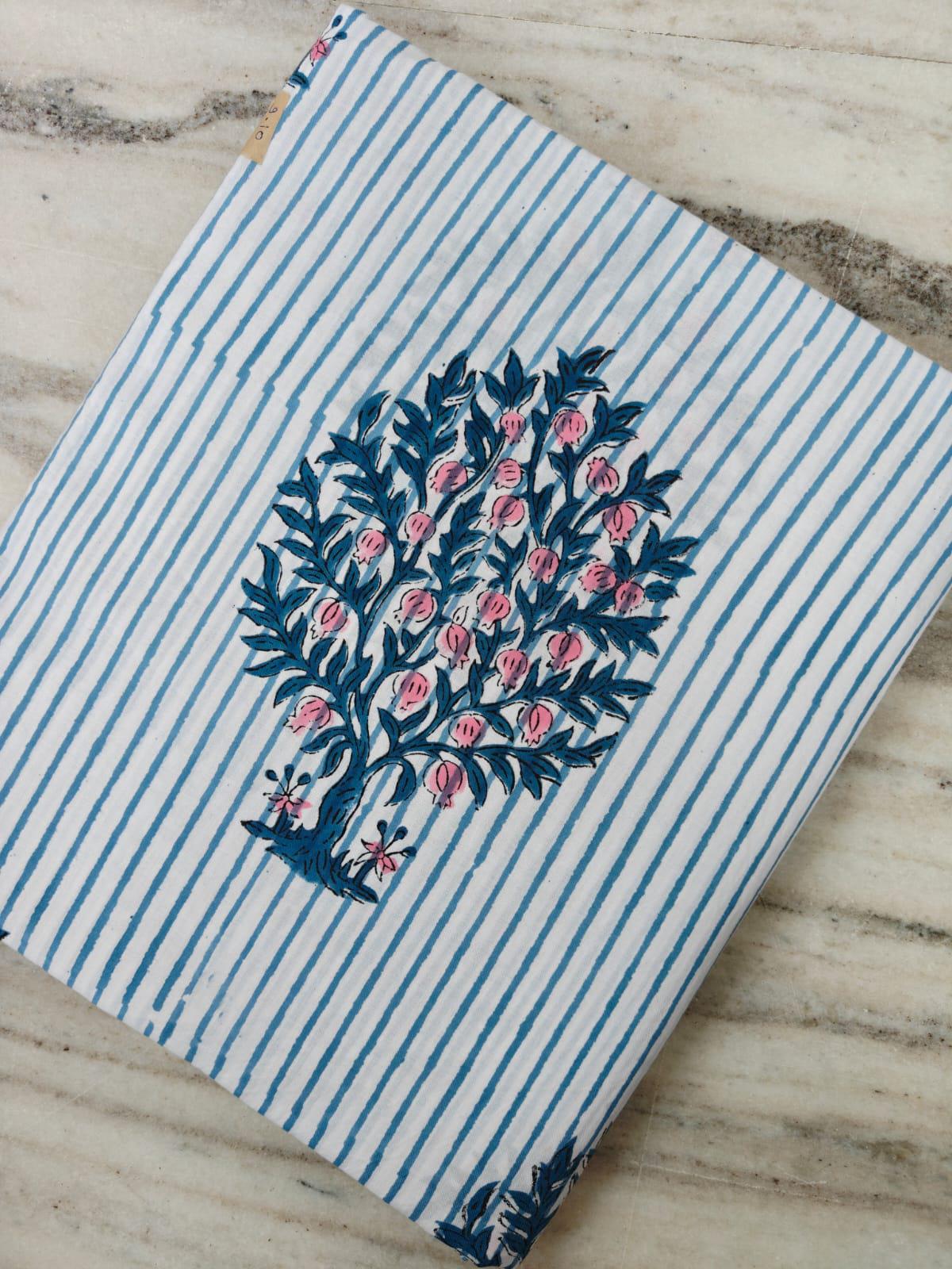 Cotton Floral Fabric, Blue Stripe Pink Flower Print, Indian Block Print Cotton, Botanical Fabric, Dressmaking Sewing Fabric, Napkins