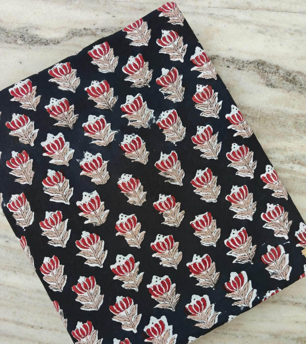 Black Cotton Fabric with Red Floral Block Print | Indian Cotton Fabric | Floral Cotton Textile | Sewing Fabric | Dressmaking Fabric