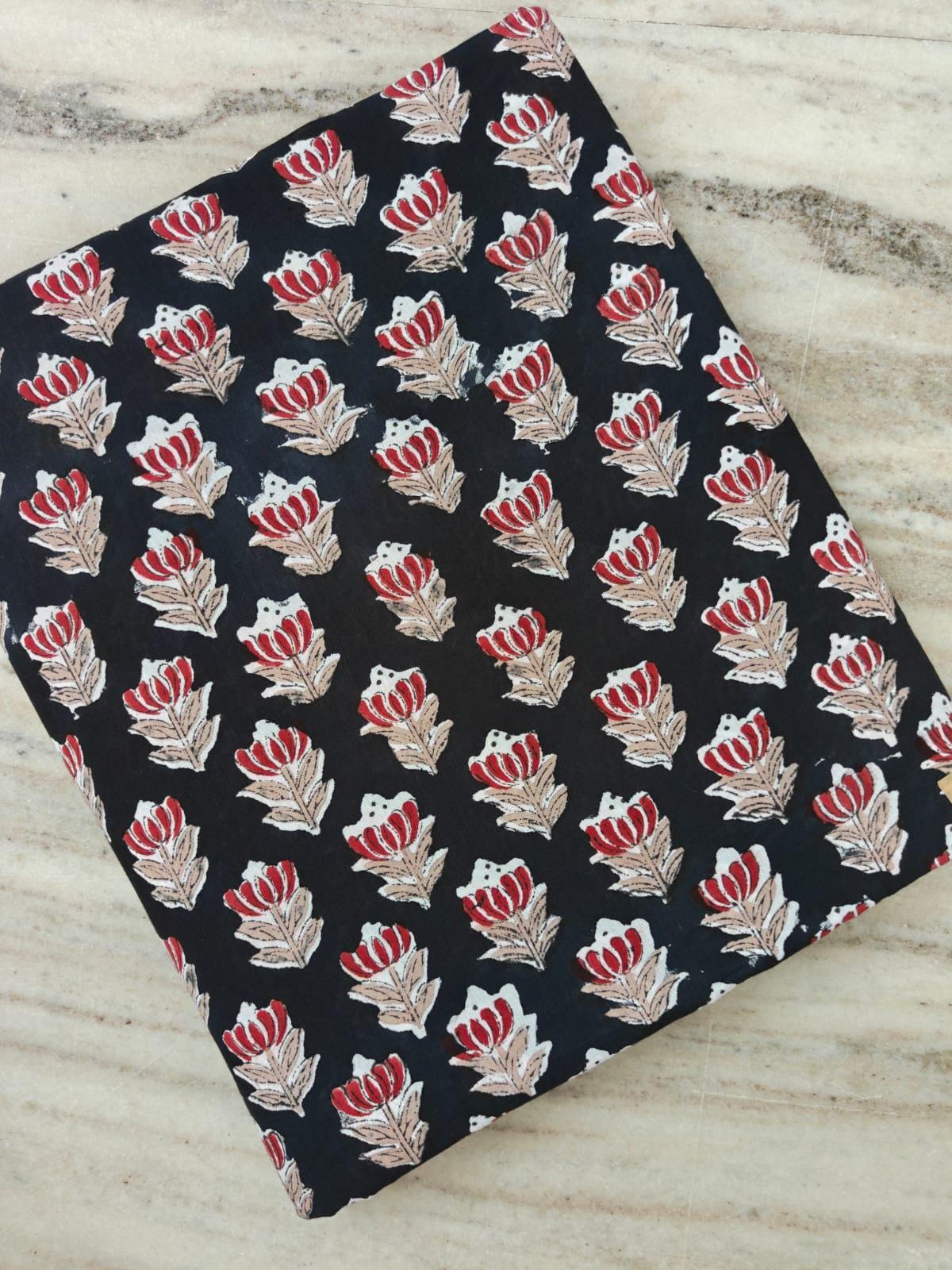 Black Cotton Fabric with Red Floral Block Print | Indian Cotton Fabric | Floral Cotton Textile | Sewing Fabric | Dressmaking Fabric