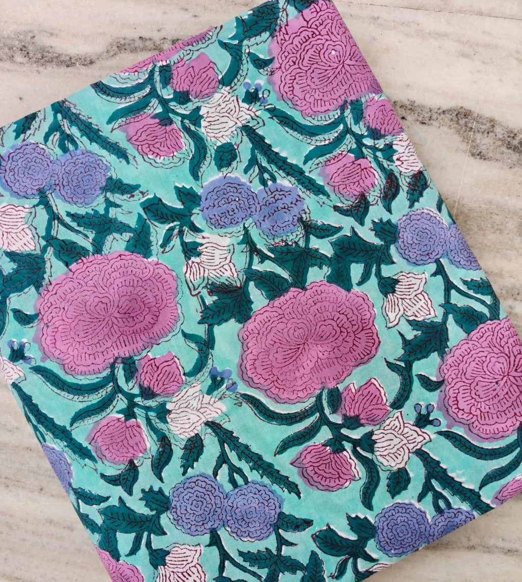 Turquoise Floral Cotton Fabric with Pink & Purple Flowers | Indian Cotton Fabric | Floral Print Textile | Sewing Dressmaking Fabric | Napkin