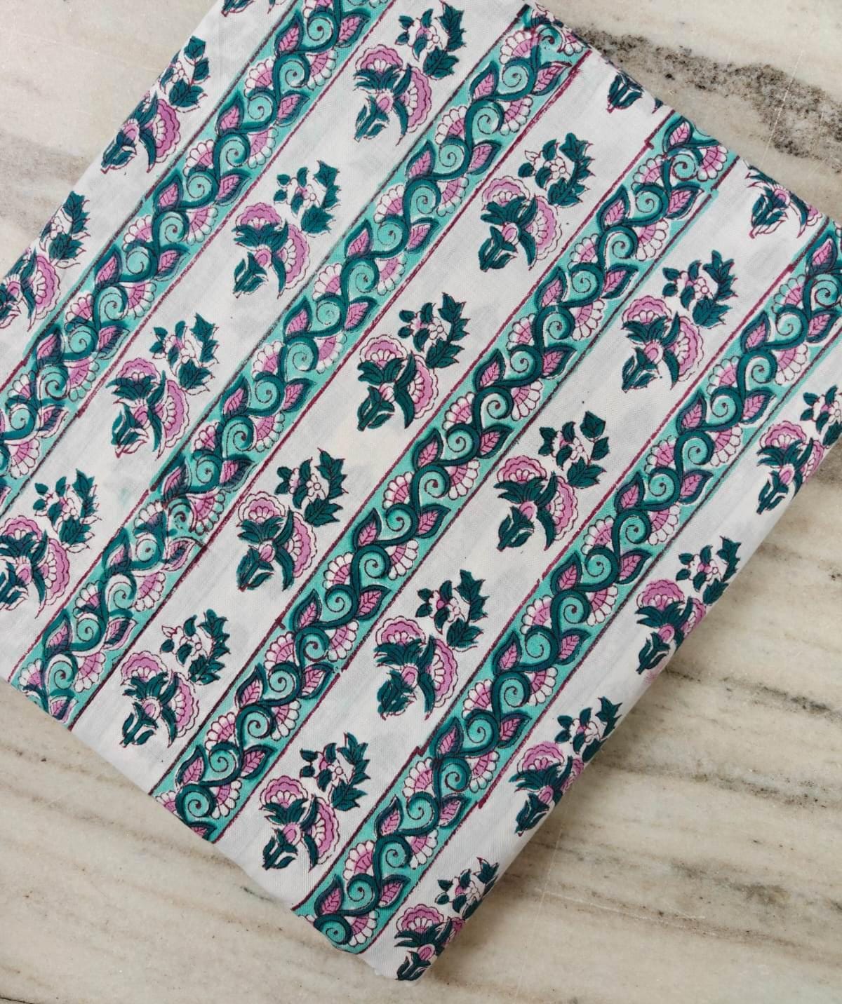 White Cotton Fabric with Teal & Pink Floral Vine Print | Indian Cotton Fabric | Floral Block Print Textile | Sewing  Dressmaking Fabric