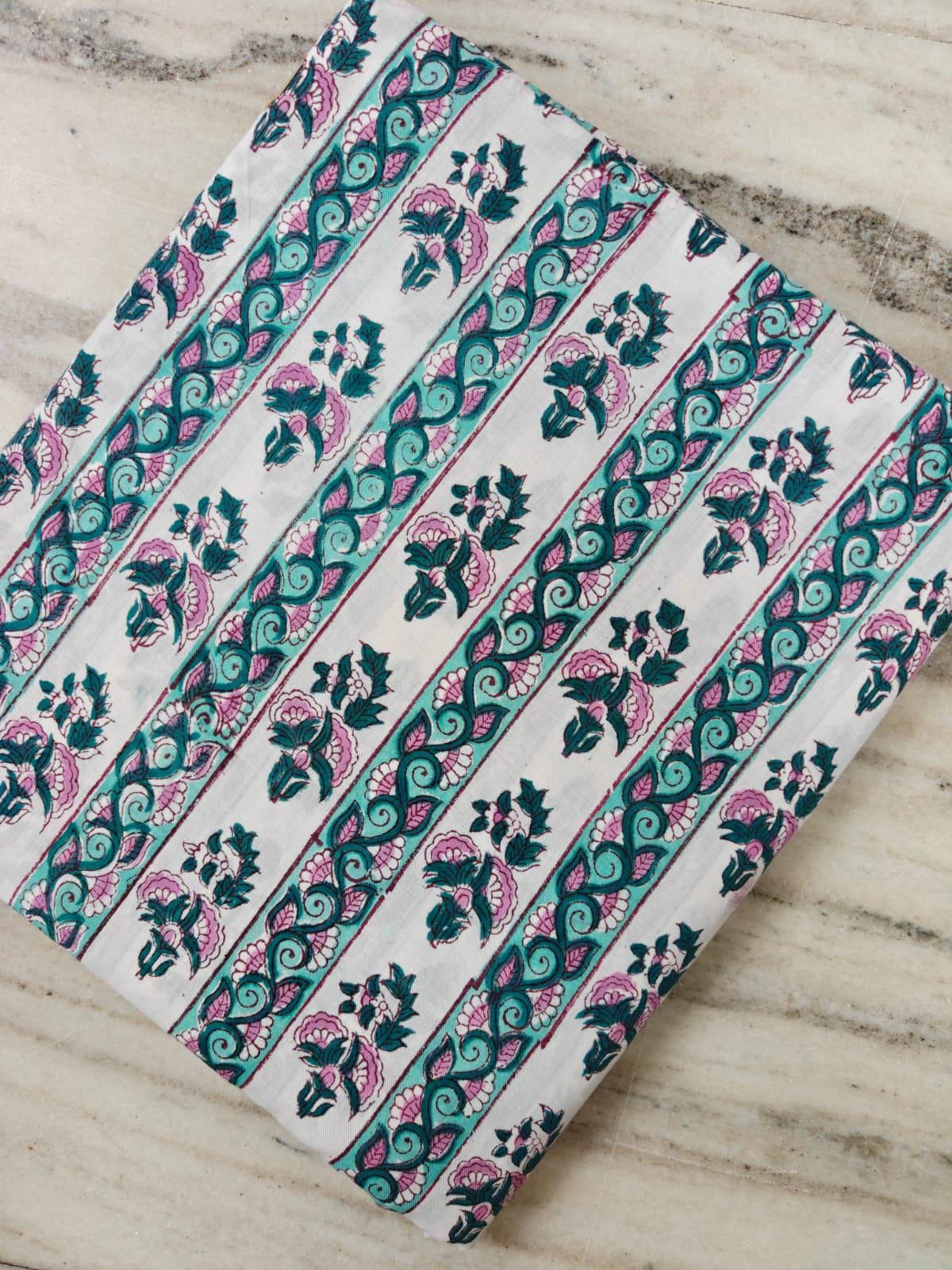 White Cotton Fabric with Teal & Pink Floral Vine Print | Indian Cotton Fabric | Floral Block Print Textile | Sewing  Dressmaking Fabric