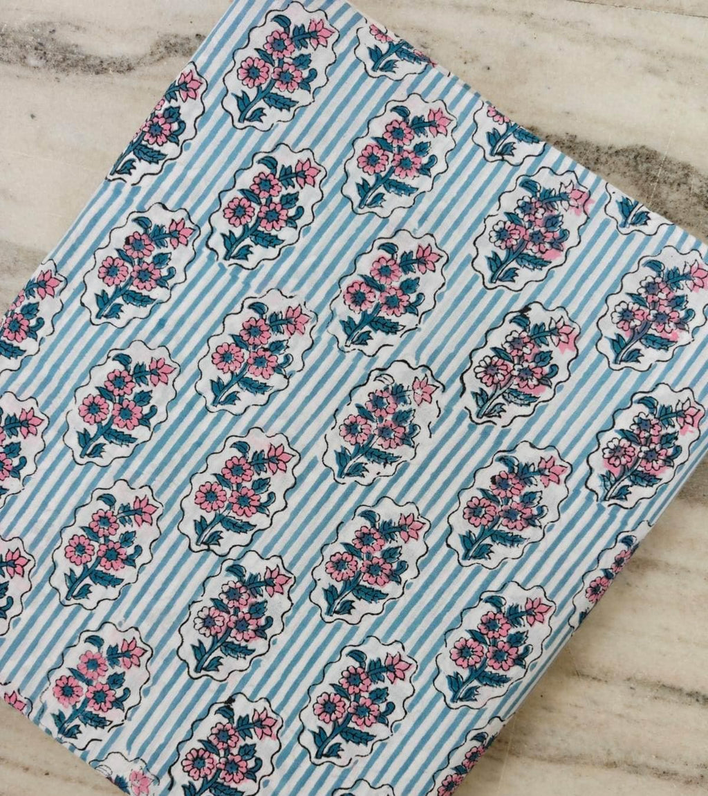 Blue Floral Cotton Fabric | Pink Flower Print Fabric | Striped Cotton Fabric | Indian Block Print Fabric | Quilting & Sewing Fabric
