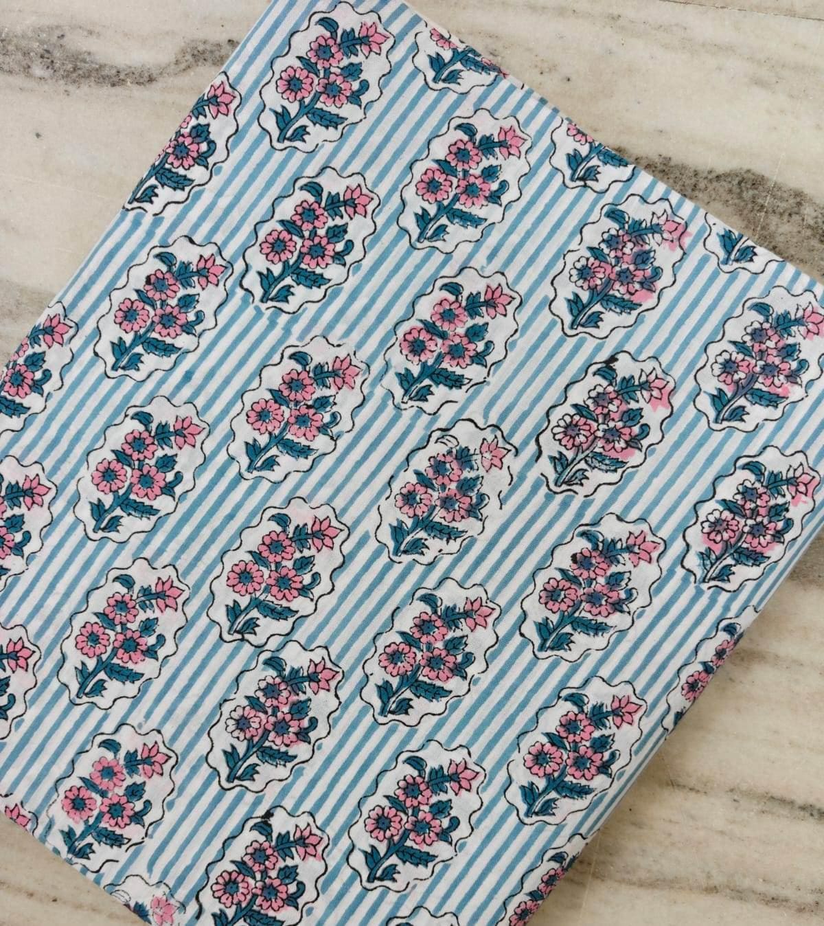 Blue Floral Cotton Fabric | Pink Flower Print Fabric | Striped Cotton Fabric | Indian Block Print Fabric | Quilting & Sewing Fabric