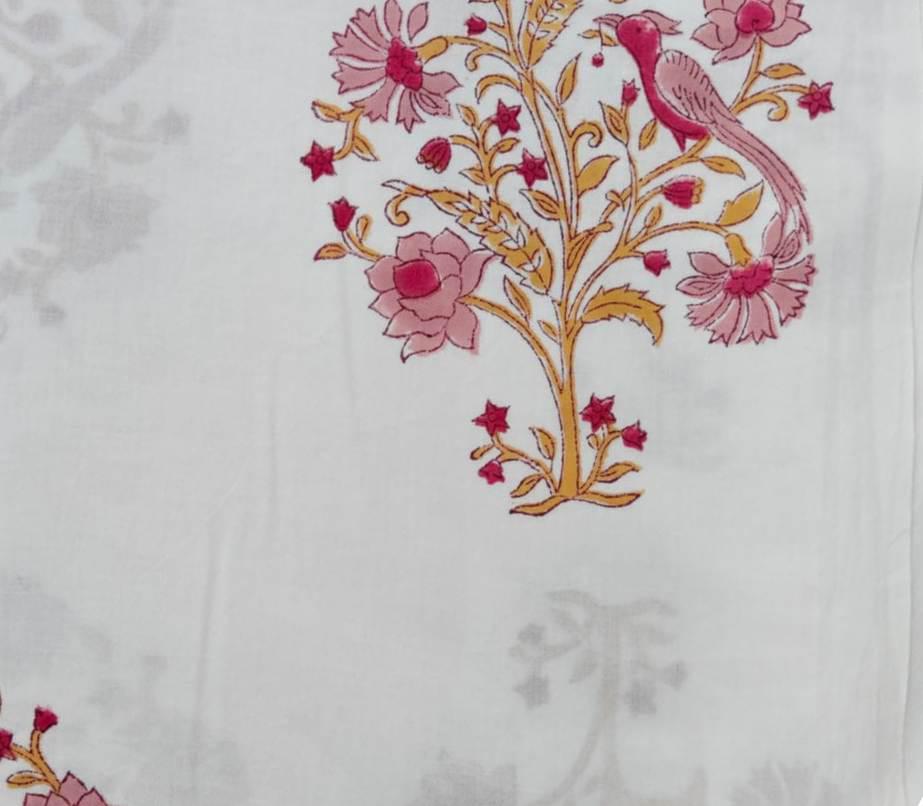 White Cotton Fabric with Bird & Floral Print | Pink Botanical Cotton Fabric | Indian Block Print Textile | Floral Sewing  Quilting Fabric