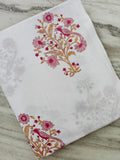 White Cotton Fabric with Bird & Floral Print | Pink Botanical Cotton Fabric | Indian Block Print Textile | Floral Sewing  Quilting Fabric