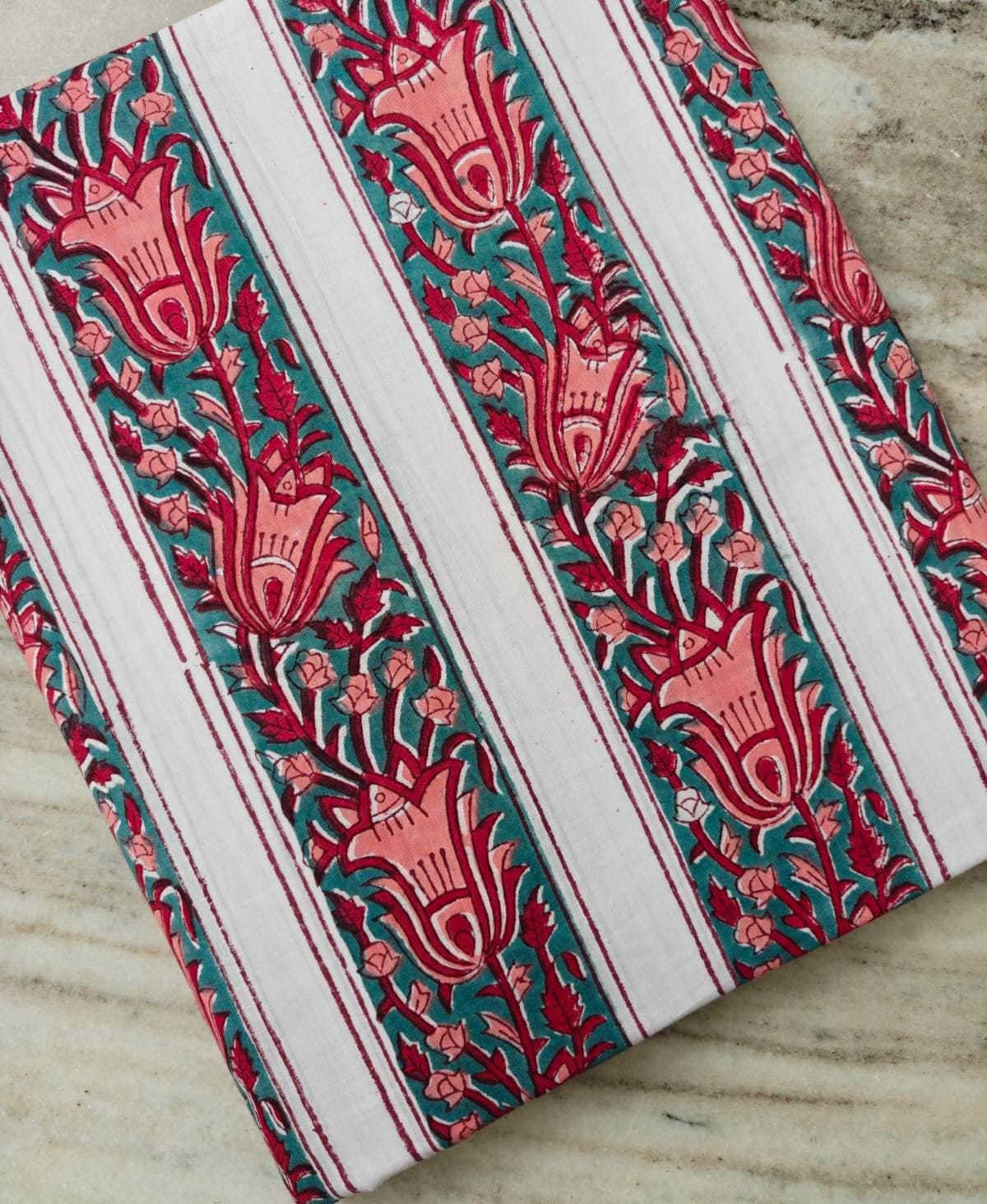 Teal Floral Cotton Fabric | Pink Tulip Block Print Fabric | Indian Cotton Textile | Striped Floral Fabric | Sewing & Quilting Fabric