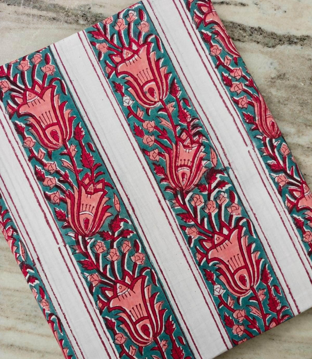 Teal Floral Cotton Fabric | Pink Tulip Block Print Fabric | Indian Cotton Textile | Striped Floral Fabric | Sewing & Quilting Fabric