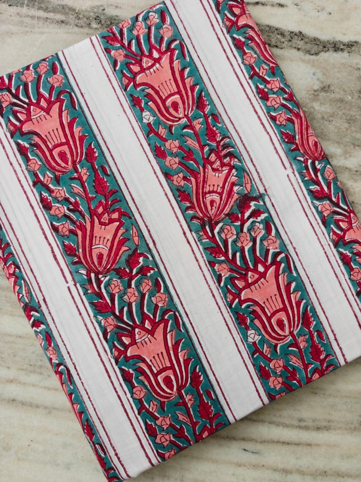 Teal Floral Cotton Fabric | Pink Tulip Block Print Fabric | Indian Cotton Textile | Striped Floral Fabric | Sewing & Quilting Fabric