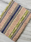 Vintage Floral Cotton Fabric, Block Print Cotton, Pink Green & Navy Striped Fabric, Indian Cotton Textile, Quilting  Sewing Fabric