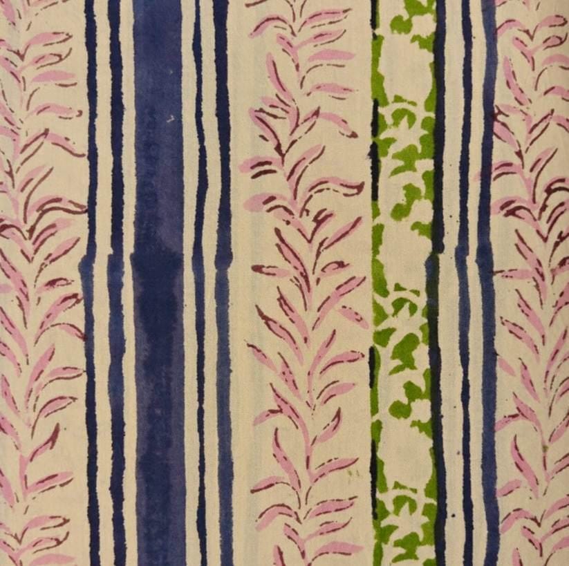 Vintage Floral Cotton Fabric, Block Print Cotton, Pink Green & Navy Striped Fabric, Indian Cotton Textile, Quilting  Sewing Fabric