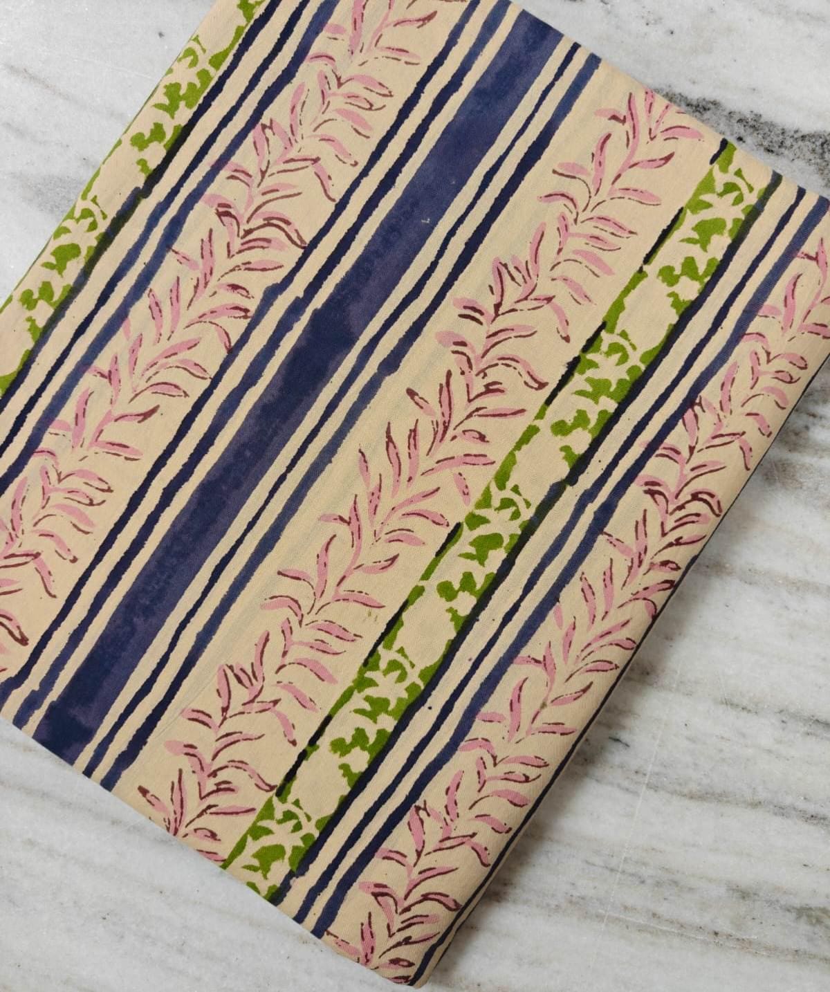 Vintage Floral Cotton Fabric, Block Print Cotton, Pink Green & Navy Striped Fabric, Indian Cotton Textile, Quilting  Sewing Fabric
