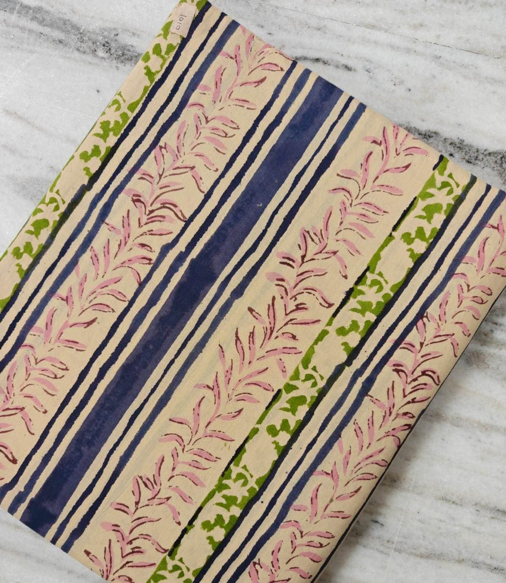 Vintage Floral Cotton Fabric, Block Print Cotton, Pink Green & Navy Striped Fabric, Indian Cotton Textile, Quilting  Sewing Fabric