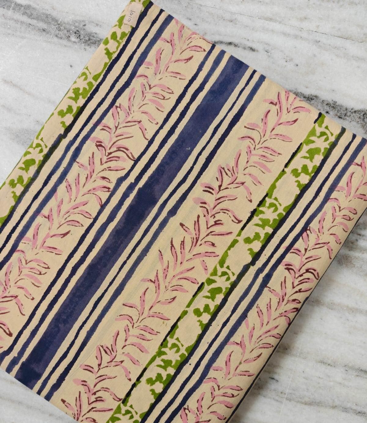 Vintage Floral Cotton Fabric, Block Print Cotton, Pink Green & Navy Striped Fabric, Indian Cotton Textile, Quilting  Sewing Fabric