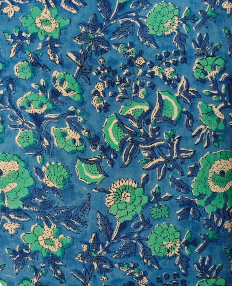 Blue Green Floral Cotton Fabric, Indian Block Print Fabric, Botanical Cotton Textile, Hand Block Style Fabric, Sewing & Quilting Fabric