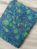 Blue Green Floral Cotton Fabric, Indian Block Print Fabric, Botanical Cotton Textile, Hand Block Style Fabric, Sewing & Quilting Fabric