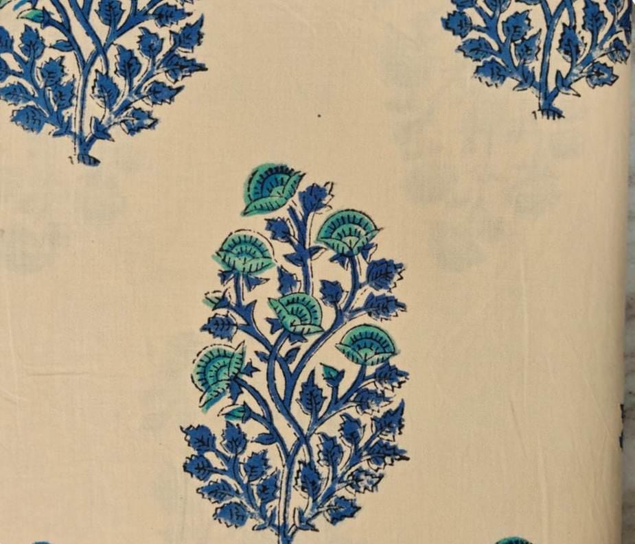 Beige Blue Green Floral Cotton Fabric, Indian Block Print Fabric, Botanical Hand Block Cotton, Traditional Textile, Sewing & Quilting Fabric