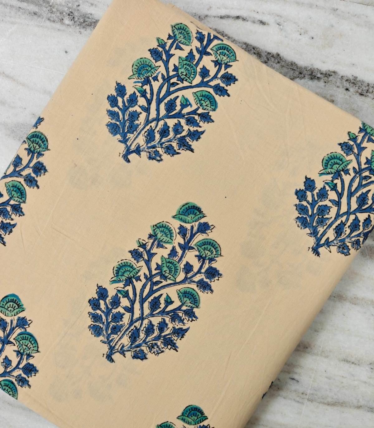 Beige Blue Green Floral Cotton Fabric, Indian Block Print Fabric, Botanical Hand Block Cotton, Traditional Textile, Sewing & Quilting Fabric