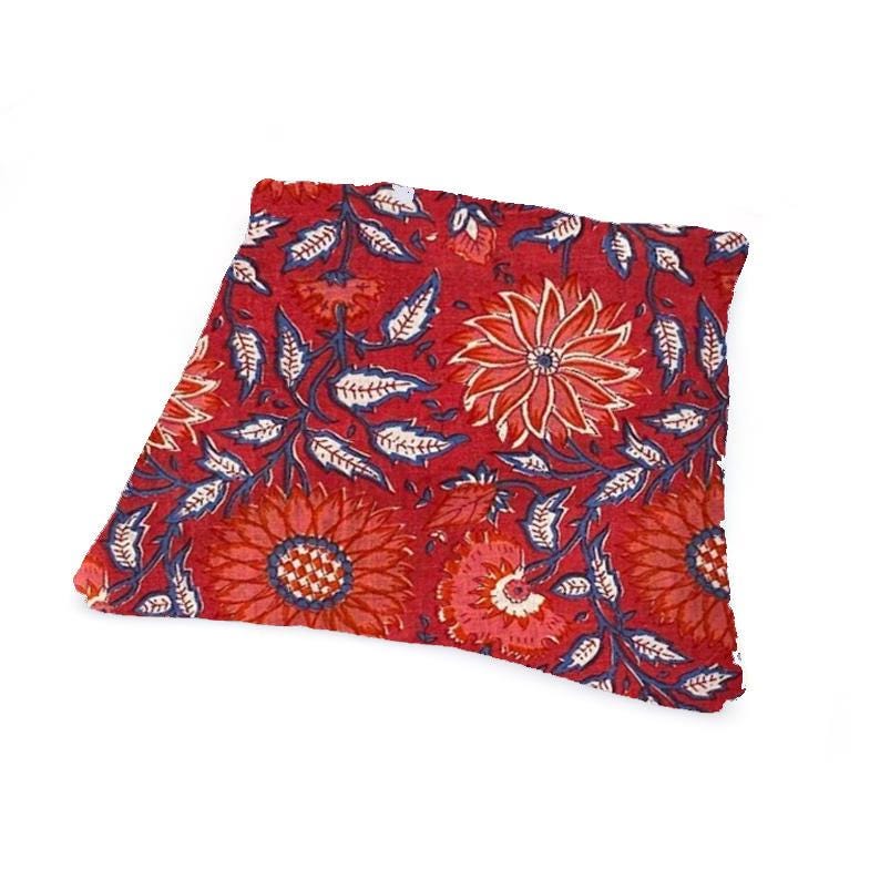 Red Floral Cushion Cover, Block Print Pillow Cover, Indian Cotton Throw Pillow, Red Blue Botanical Decor, Boho Floral Home Decor Pillow Gift
