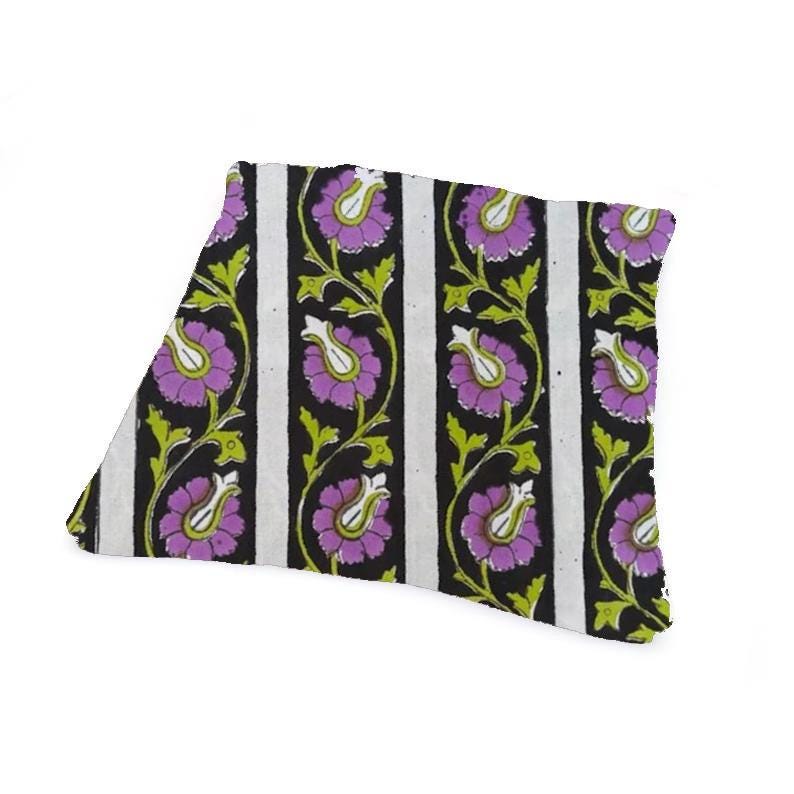 Black Purple Floral Cushion Cover, Striped Boho Pillow Cover, Indian Block Print Pillow, Botanical Throw Pillow, Cotton Home Decor Gifts