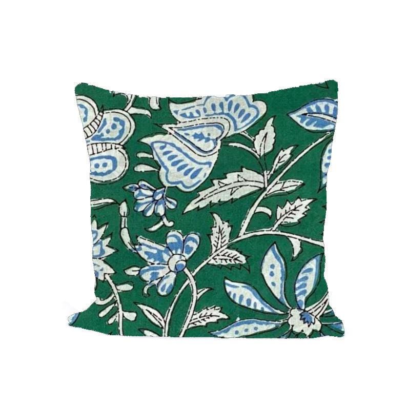 Green Floral Cushion Cover Blue White Block Print Pillow Cover Cotton Cushion Cover Indian Hand Block Print Home Decor Floral Pillow Cover