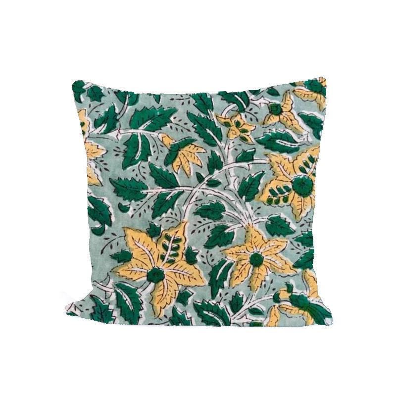 Green Floral Cushion Cover, Yellow Flower Block Print Pillow Cover, Indian Cotton Cushion, Boho Decorative Pillow, Handmade Home Decor