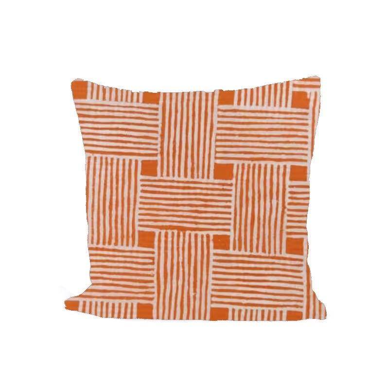 Orange Geometric Cushion Cover, White Stripe Cotton Pillow Cover, Modern Block Print Throw Pillow, Boho Home Decor, Handmade Pillow Gifts