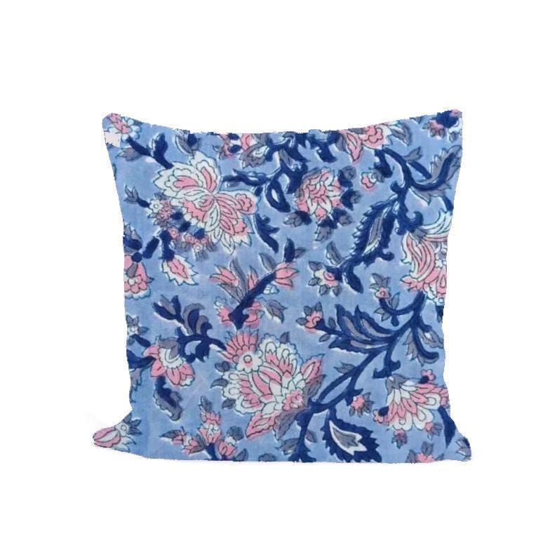 Blue Floral Cushion Cover, Indian Hand Block Print Pillow Cover, 100% Cotton Decorative Throw Pillow, Boho Home Decor, Floral Pillow Case