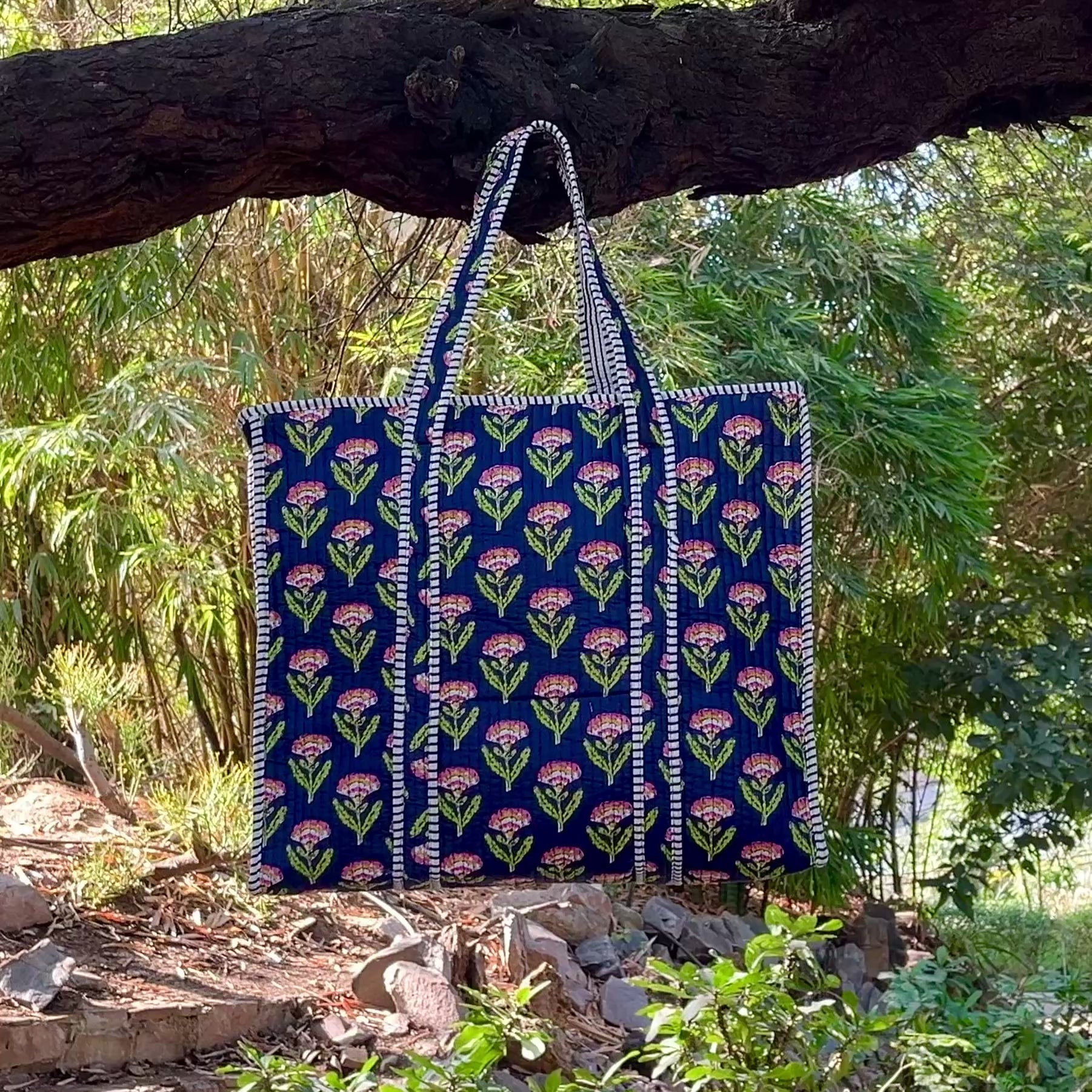 Floral Quilted Tote Bag Navy Blue, Handmade Cotton Carryall, Boho Shoulder Bag, Everyday Shopping Tote