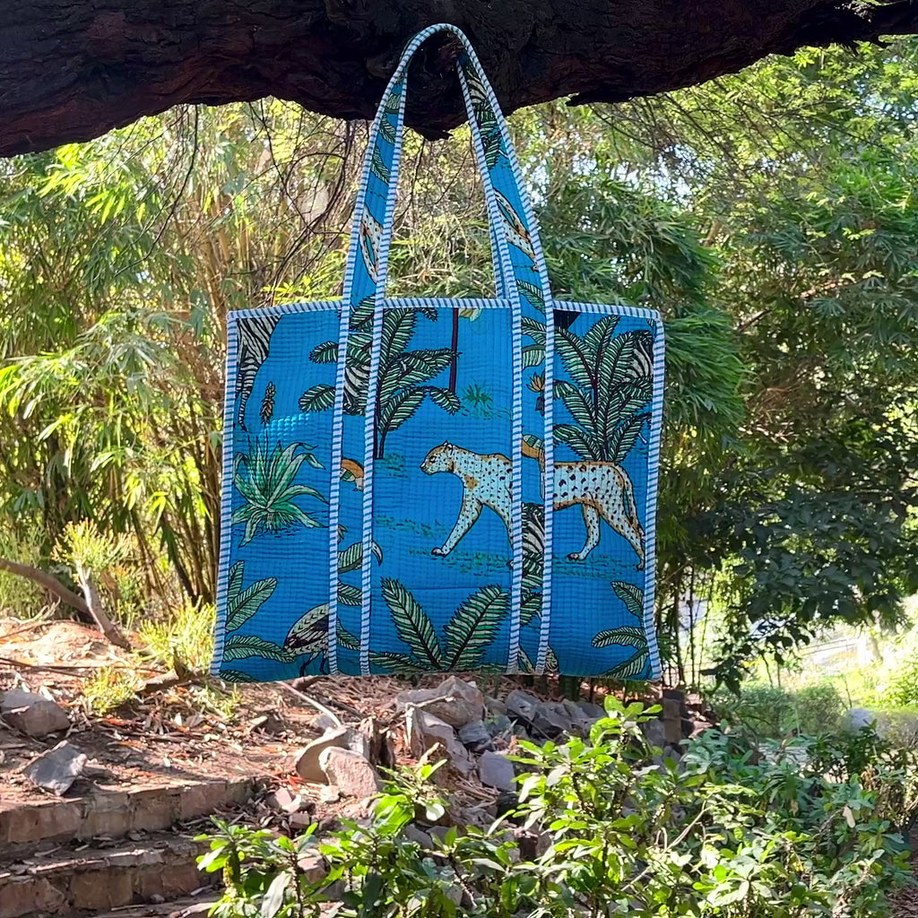 Blue Jungle Print Tote Bag | Cotton Handmade Carry Bag | Leopard & Tropical Design Shoulder Bag | Eco-Friendly Everyday Tote