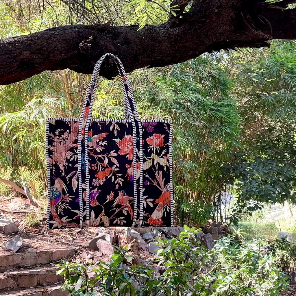 Floral Bird Print Quilted Tote Bag, Handmade Cotton Shoulder Bag, Boho Everyday Carryall, Stylish Shopping Tote, Gift for Her