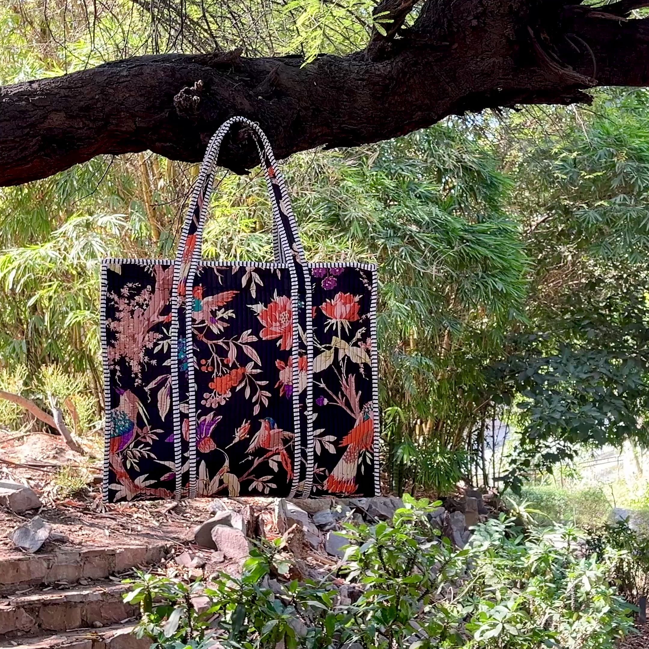 Floral Bird Print Quilted Tote Bag, Handmade Cotton Shoulder Bag, Boho Everyday Carryall, Stylish Shopping Tote, Gift for Her
