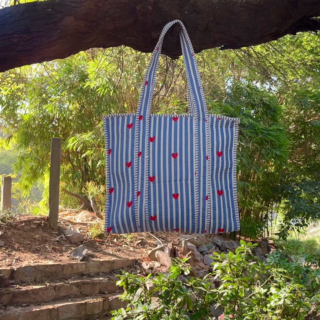 Blue & White Striped Red Heart Tote Bag, Quilted Cotton Shoulder Bag, Handmade Everyday Carryall, Cute Shopping Tote, Gift for Her