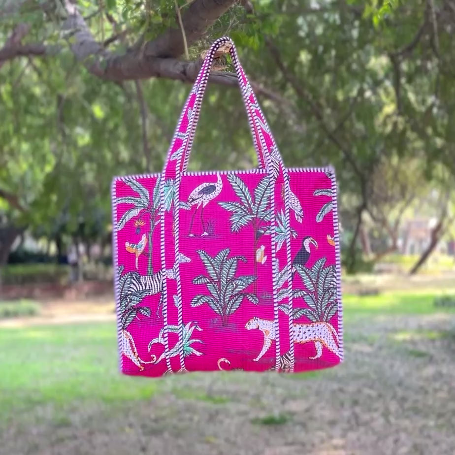 Pink Jungle Safari Print Tote Bag, Handmade Quilted Cotton Shoulder Bag, Animal Print Eco Friendly Reusable Market & Travel Tote