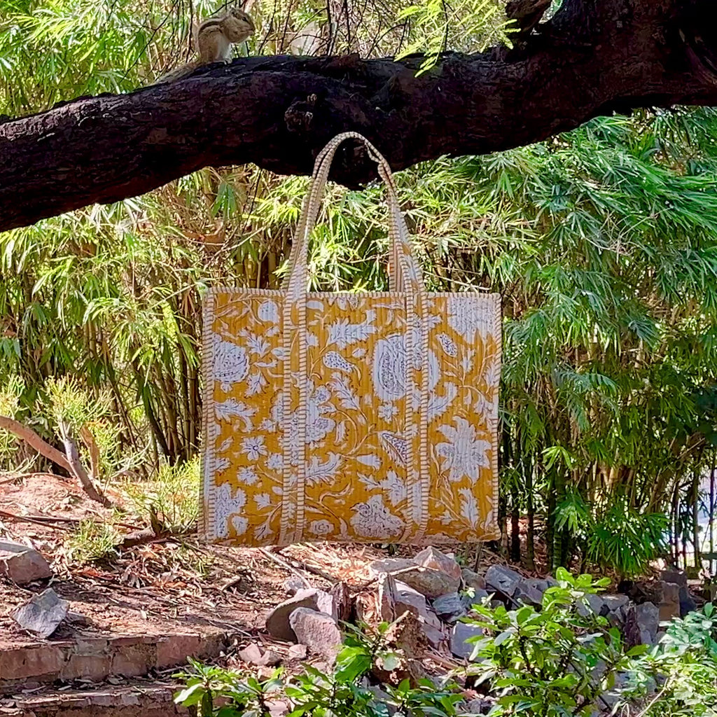 Mustard Yellow Floral Tote Bag | Handmade Cotton Carry Bag | Stylish Everyday Shoulder Bag | Eco-Friendly Reusable Shopping Tote