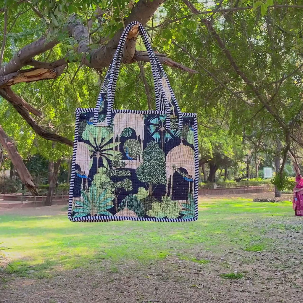 Handmade Quilted Cotton Tote Bag, Botanical Jungle Print Small Tote, Reusable Eco Friendly Shoulder Bag, Everyday Carry Gift Bag