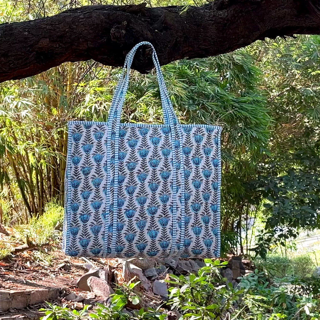 Blue Floral Block Print Tote Bag – Handmade Cotton Quilted Shoulder Bag, Boho Reusable Shopping Bag, Everyday Eco Friendly Tote