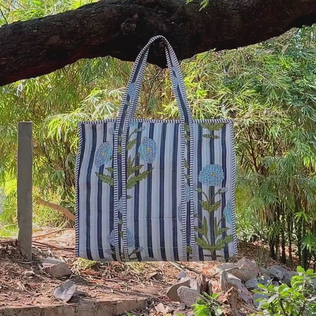 Handmade Quilted Floral Tote Bag | Striped Cotton Handbag | Everyday Carry Tote | Reusable Market Bag | Blue Flower Print Shoulder Bag