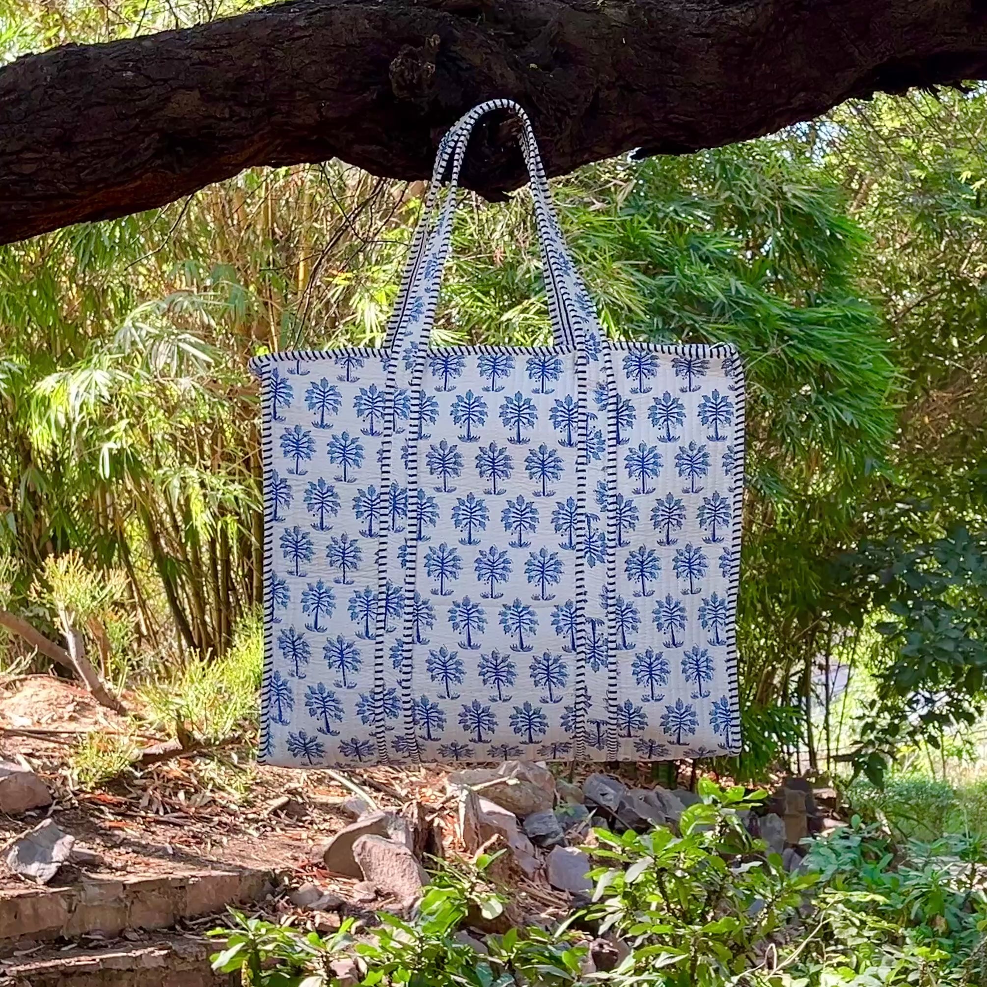 Blue Floral Block Print Tote Bag – Handmade Cotton Quilted Shoulder Bag, Boho Reusable Shopping Bag, Everyday Eco Friendly Tote