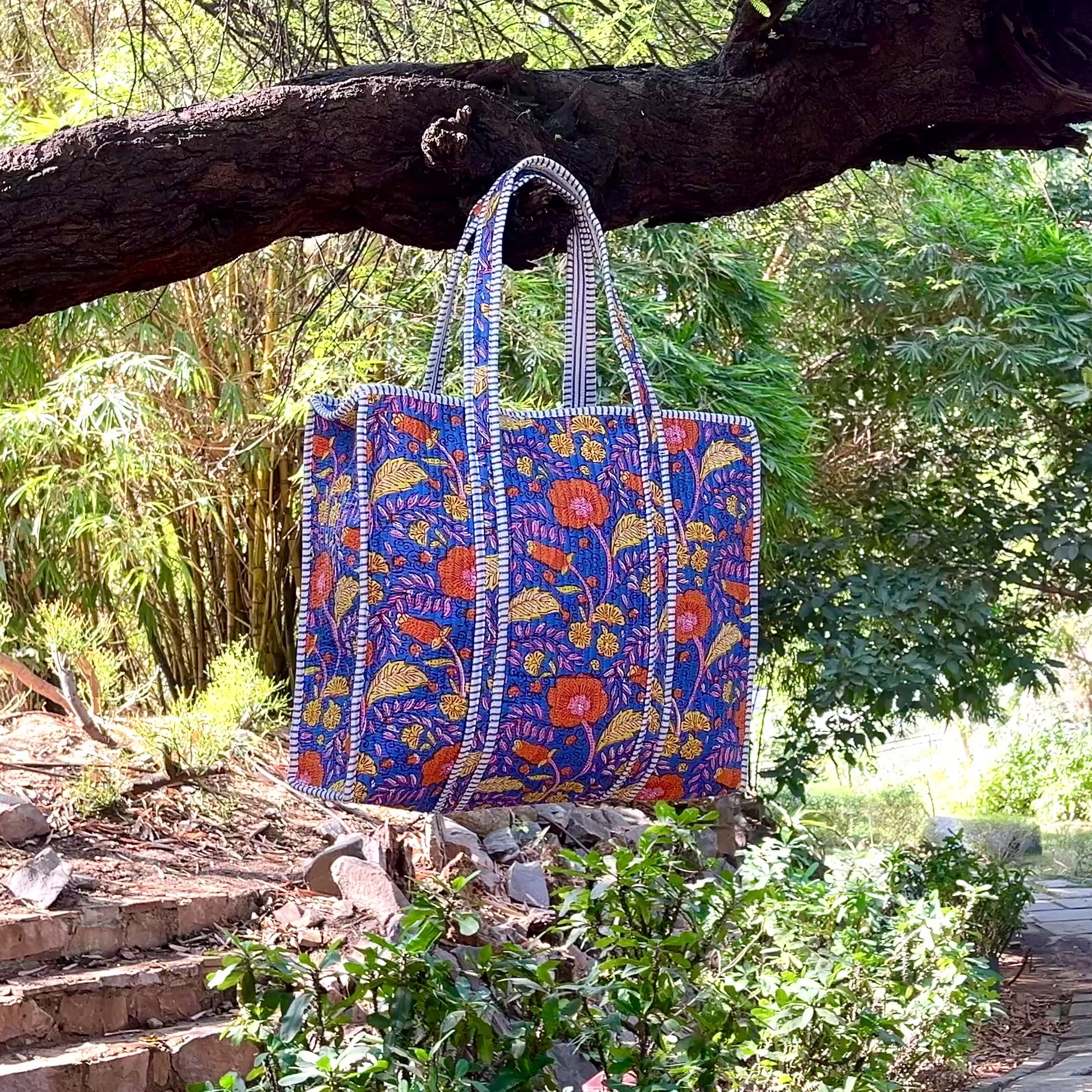 Handmade Quilted Floral Tote Bag – Blue Cotton Block Print Shoulder Bag, Boho Everyday Carry, Reusable Shopping Bag, Gift for Women